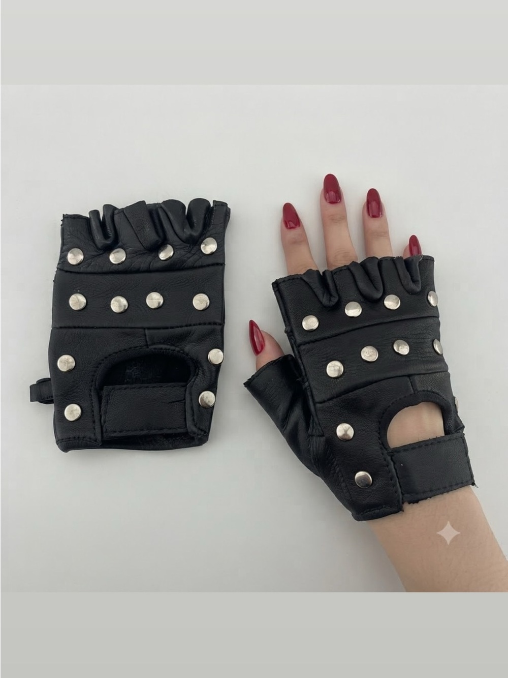 Black Silver Studded Fingerless Leather Biker Gloves - XS